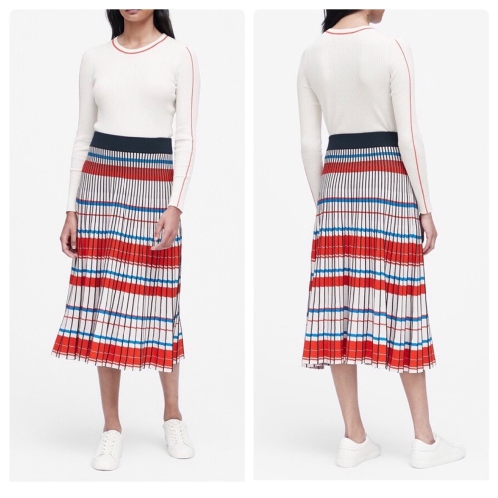 BR Banana Republic Pleated Knit Midi Skirt Red White Blue Stripes Pull On Sz. M